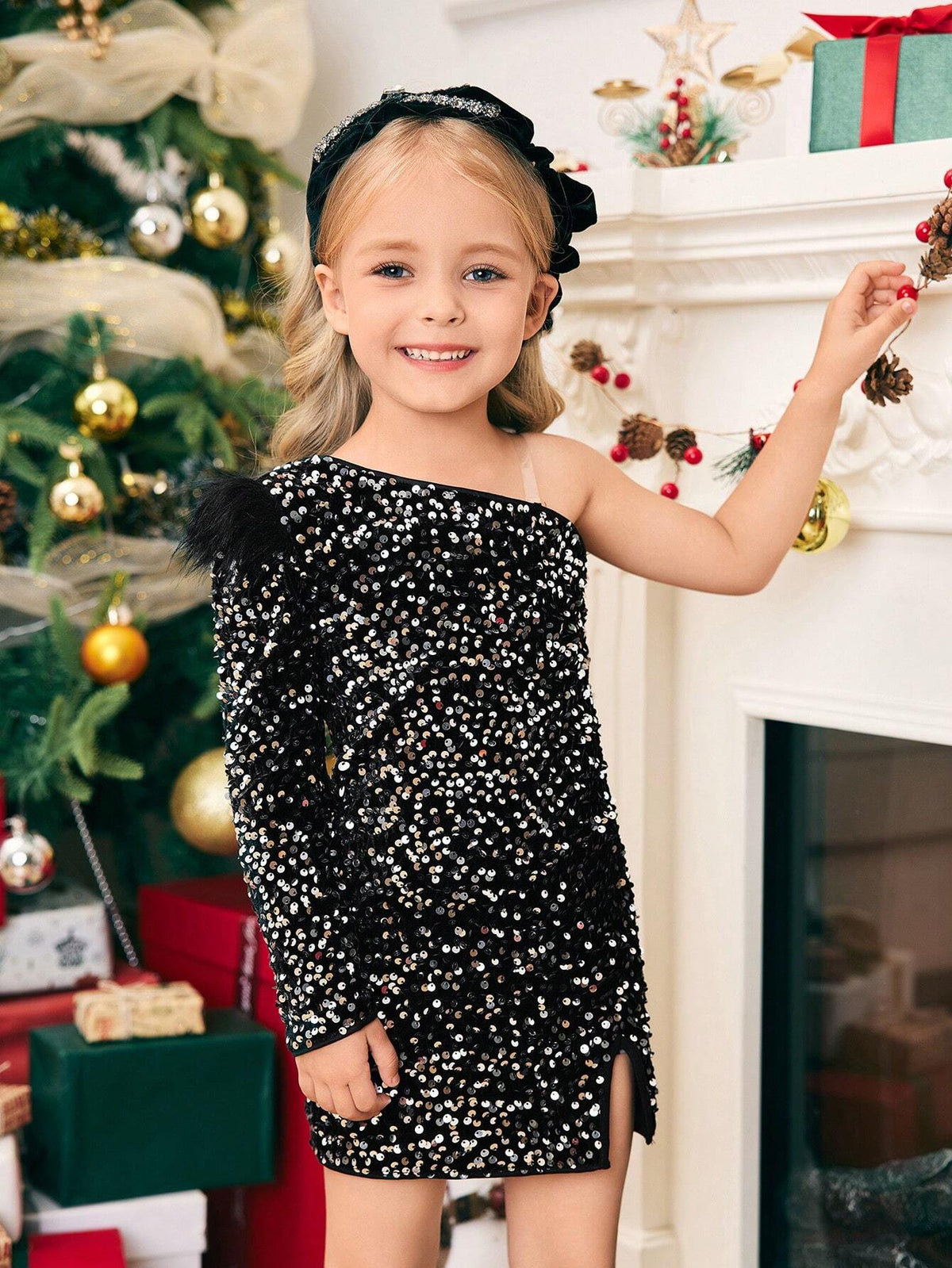 Young Girl Woven Sequin Patchwork Fuzzy Splice Elegant Dress