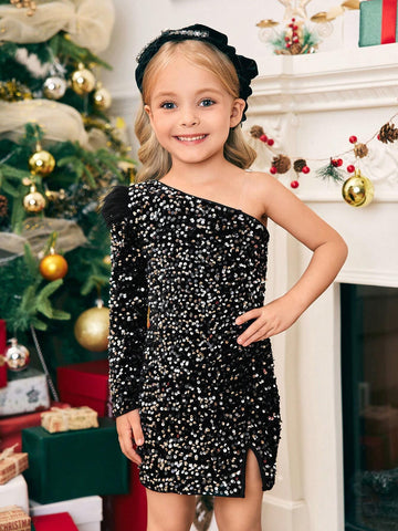 Young Girl Woven Sequin Patchwork Fuzzy Splice Elegant Dress