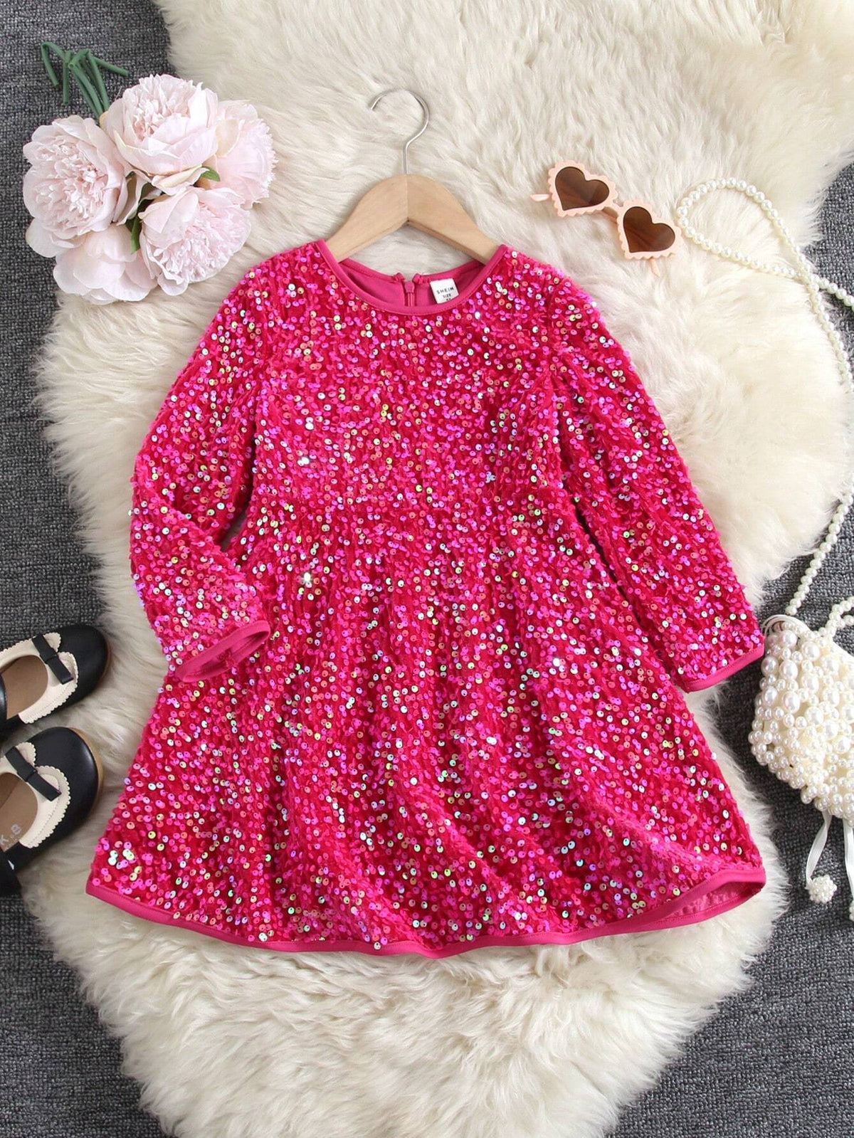 Young Girl Woven Sequin Round Neck Fitted Casual Dress