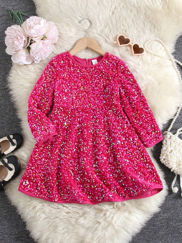 Young Girl Woven Sequin Round Neck Fitted Casual Dress