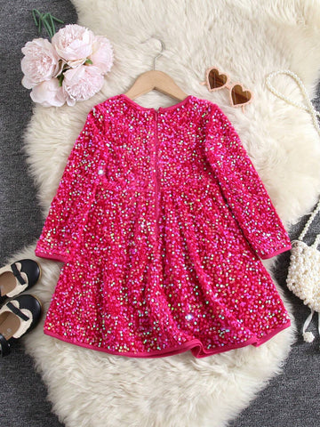 Young Girl Woven Sequin Round Neck Fitted Casual Dress