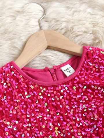 Young Girl Woven Sequin Round Neck Fitted Casual Dress