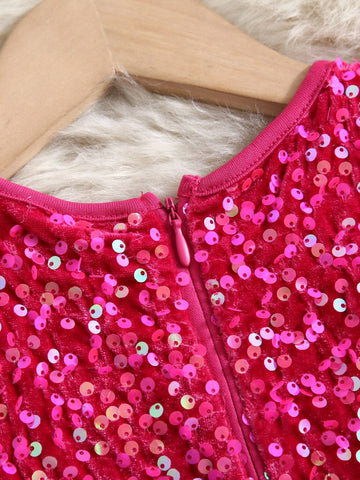 Young Girl Woven Sequin Round Neck Fitted Casual Dress