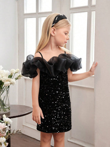 Young Girl Woven Sequin Ruffle Trim Cami Bodycon Casual Dress