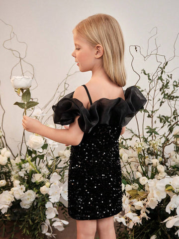 Young Girl Woven Sequin Ruffle Trim Cami Bodycon Casual Dress