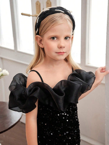 Young Girl Woven Sequin Ruffle Trim Cami Bodycon Casual Dress