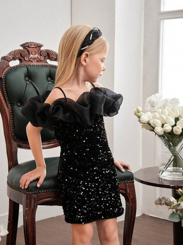 Young Girl Woven Sequin Ruffle Trim Cami Bodycon Casual Dress