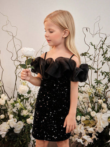 Young Girl Woven Sequin Ruffle Trim Cami Bodycon Casual Dress