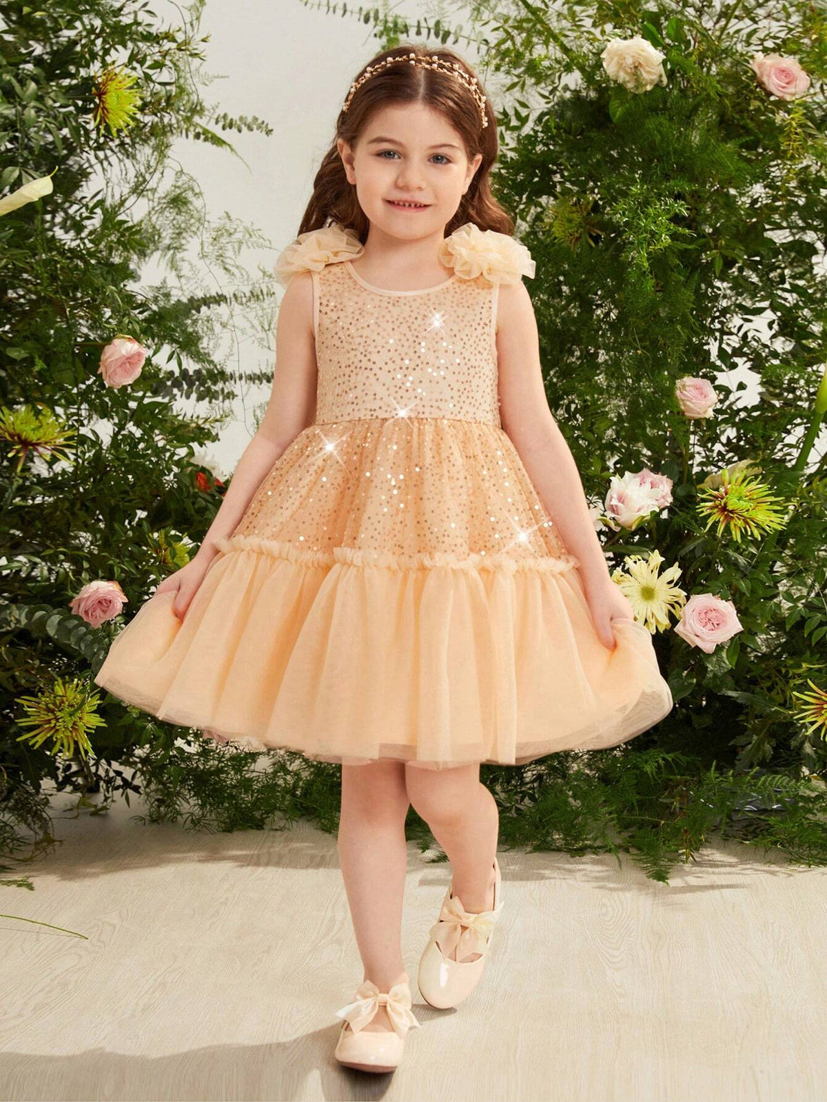 Young Girl Woven Sheer Netting Spaghetti Strap A-Line Dress With Bow-Knot Detailing