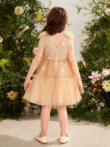 Young Girl Woven Sheer Netting Spaghetti Strap A-Line Dress With Bow-Knot Detailing