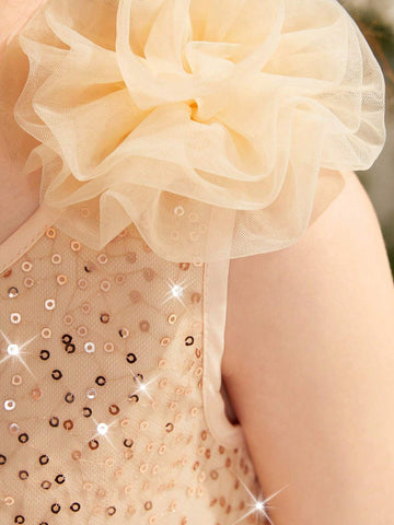 Young Girl Woven Sheer Netting Spaghetti Strap A-Line Dress With Bow-Knot Detailing