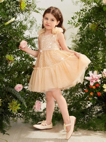 Young Girl Woven Sheer Netting Spaghetti Strap A-Line Dress With Bow-Knot Detailing