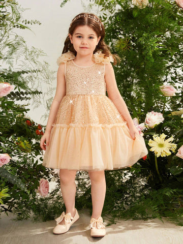 Young Girl Woven Sheer Netting Spaghetti Strap A-Line Dress With Bow-Knot Detailing