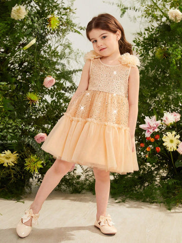 Young Girl Woven Sheer Netting Spaghetti Strap A-Line Dress With Bow-Knot Detailing
