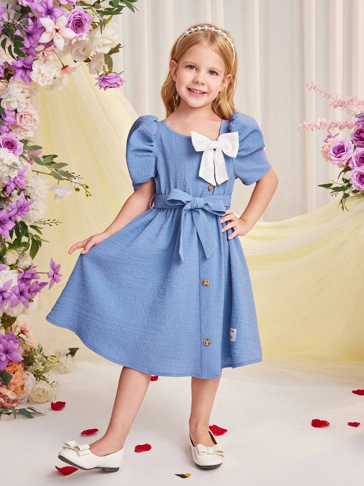 Young Girl Woven Short Sleeve Dress With Bow Knot Decoration And A Waistband For Spring Or Summer
