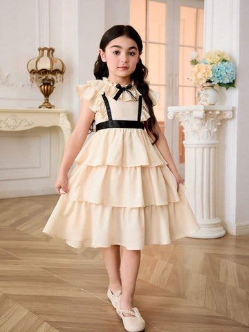 Young Girl Woven Sleeveless Flared Cake Dress With Ruffle Trim, Casual Overall Dress