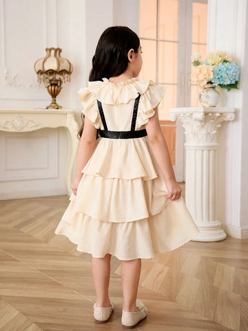 Young Girl Woven Sleeveless Flared Cake Dress With Ruffle Trim, Casual Overall Dress