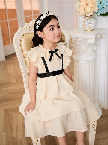 Young Girl Woven Sleeveless Flared Cake Dress With Ruffle Trim, Casual Overall Dress