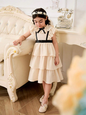 Young Girl Woven Sleeveless Flared Cake Dress With Ruffle Trim, Casual Overall Dress