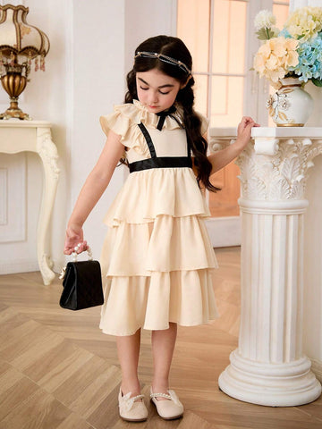 Young Girl Woven Sleeveless Flared Cake Dress With Ruffle Trim, Casual Overall Dress
