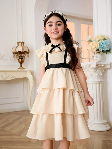 Young Girl Woven Sleeveless Flared Cake Dress With Ruffle Trim, Casual Overall Dress