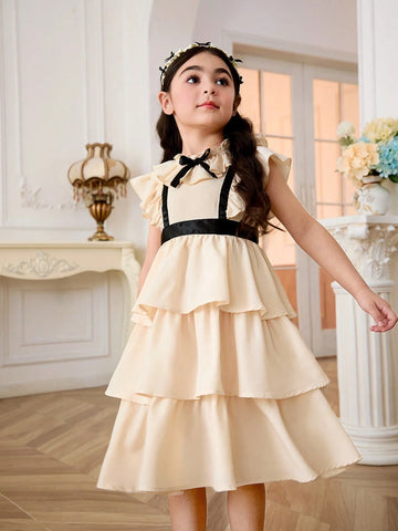 Young Girl Woven Sleeveless Flared Cake Dress With Ruffle Trim, Casual Overall Dress