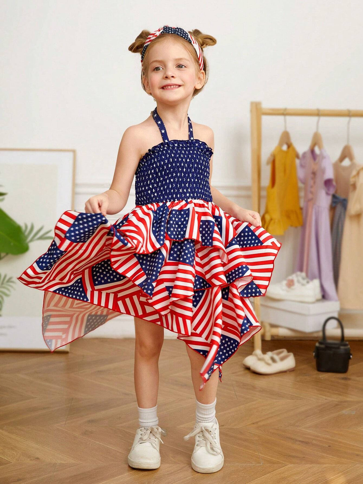 Young Girl Woven Sleeveless Pleated A-Line Dress With American Flag Print