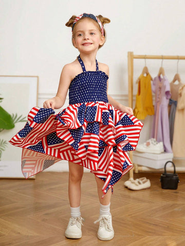 Young Girl Woven Sleeveless Pleated A-Line Dress With American Flag Print