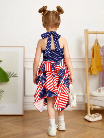 Young Girl Woven Sleeveless Pleated A-Line Dress With American Flag Print