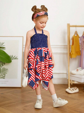 Young Girl Woven Sleeveless Pleated A-Line Dress With American Flag Print