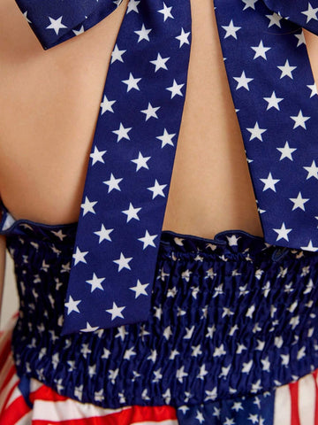 Young Girl Woven Sleeveless Pleated A-Line Dress With American Flag Print