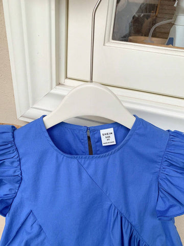 Young Girl Woven Solid-Colored Round Neck Short Puff Sleeve Loose Casual Dress