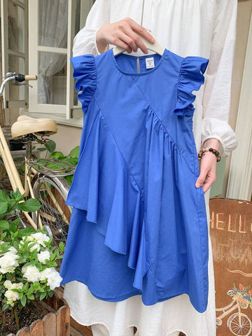 Young Girl Woven Solid-Colored Round Neck Short Puff Sleeve Loose Casual Dress