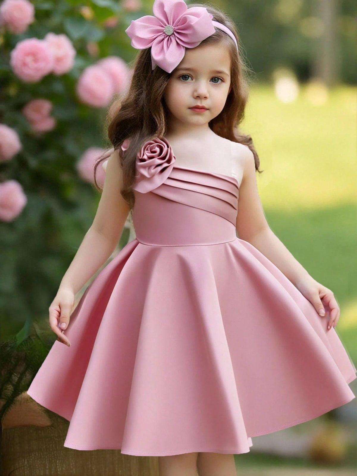 Young Girl Woven Solid Color 3D Flower One Shoulder Dress
