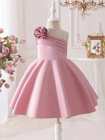 Young Girl Woven Solid Color 3D Flower One Shoulder Dress