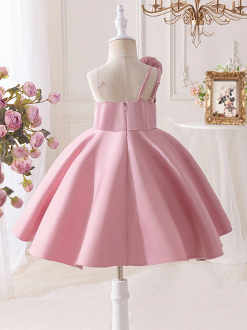 Young Girl Woven Solid Color 3D Flower One Shoulder Dress