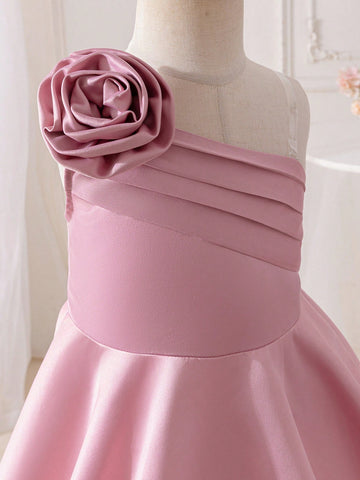 Young Girl Woven Solid Color 3D Flower One Shoulder Dress
