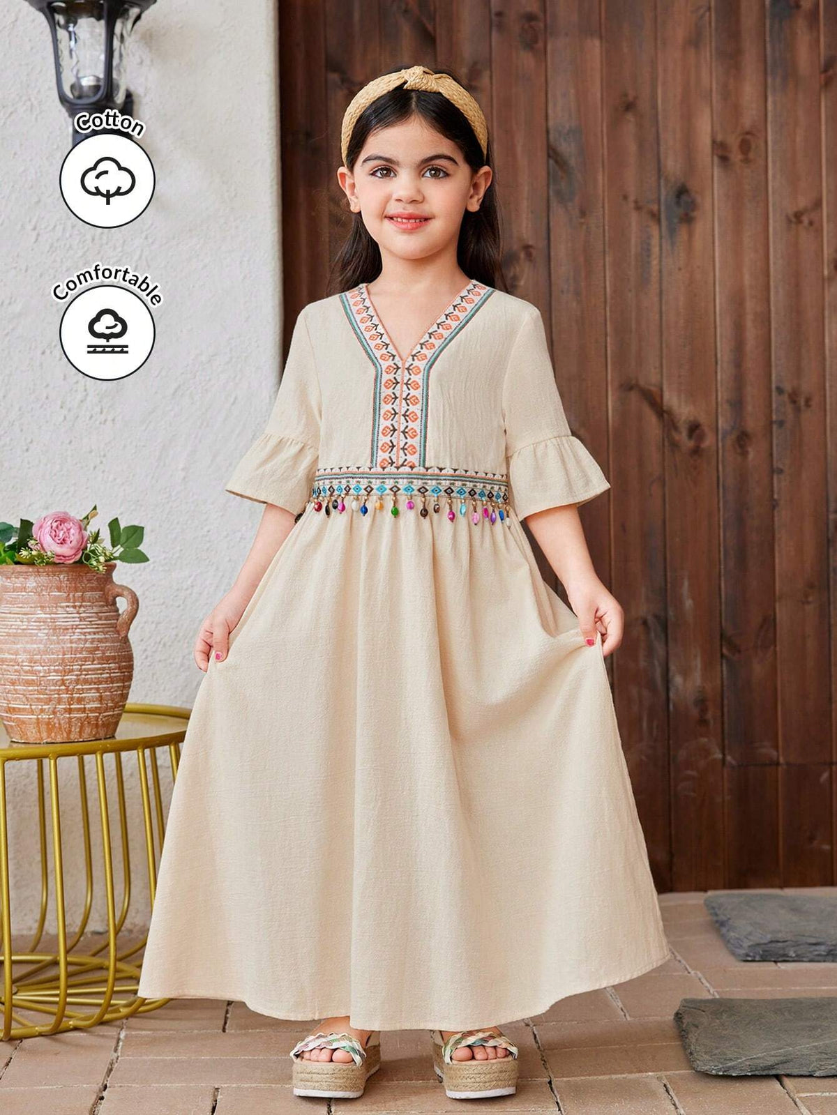 Young Girl Woven Solid Color And Geometric Pattern Loose Casual Dress