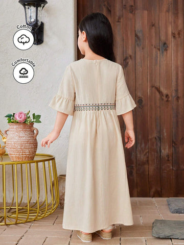 Young Girl Woven Solid Color And Geometric Pattern Loose Casual Dress