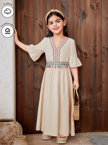 Young Girl Woven Solid Color And Geometric Pattern Loose Casual Dress