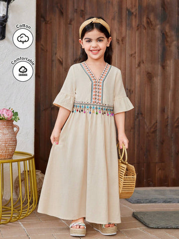 Young Girl Woven Solid Color And Geometric Pattern Loose Casual Dress