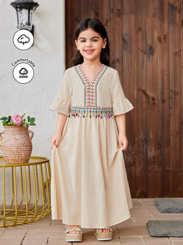 Young Girl Woven Solid Color And Geometric Pattern Loose Casual Dress