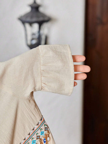 Young Girl Woven Solid Color And Geometric Pattern Loose Casual Dress