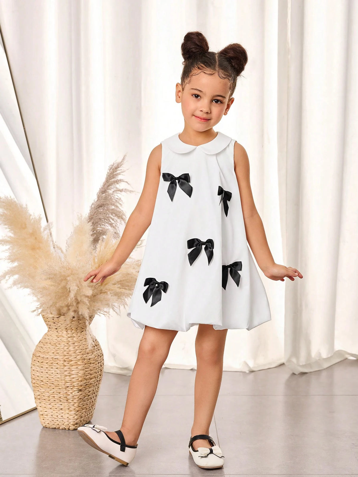 Young Girl Woven Solid Color Babydoll Collar Snug Fit Dress
