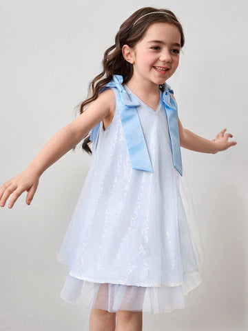 Young Girl Woven Solid Color Bowknot Sequin Mesh Sleeveless Dress
