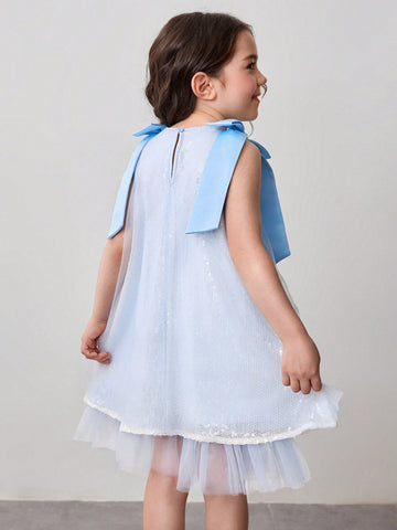 Young Girl Woven Solid Color Bowknot Sequin Mesh Sleeveless Dress