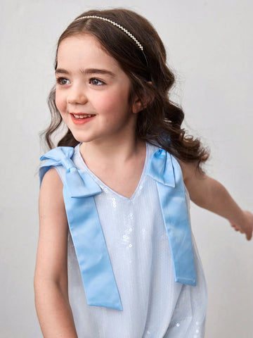 Young Girl Woven Solid Color Bowknot Sequin Mesh Sleeveless Dress