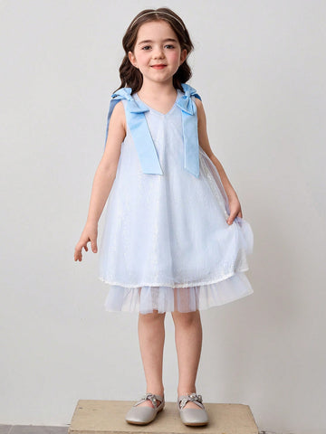 Young Girl Woven Solid Color Bowknot Sequin Mesh Sleeveless Dress