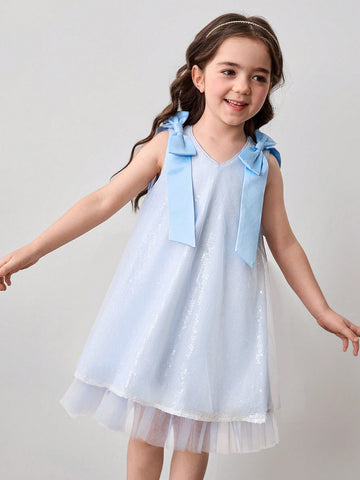 Young Girl Woven Solid Color Bowknot Sequin Mesh Sleeveless Dress