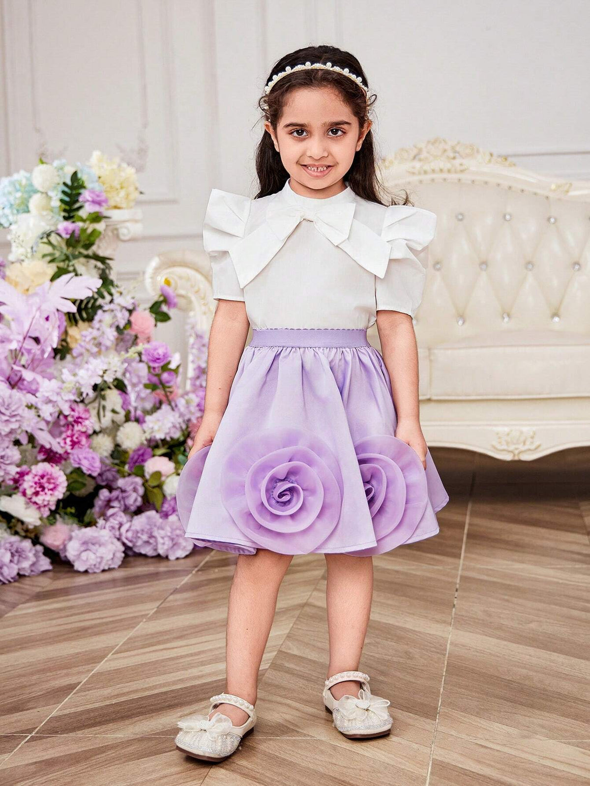 Young Girl Woven Solid Color Bowknot Short Sleeve Casual Shirt